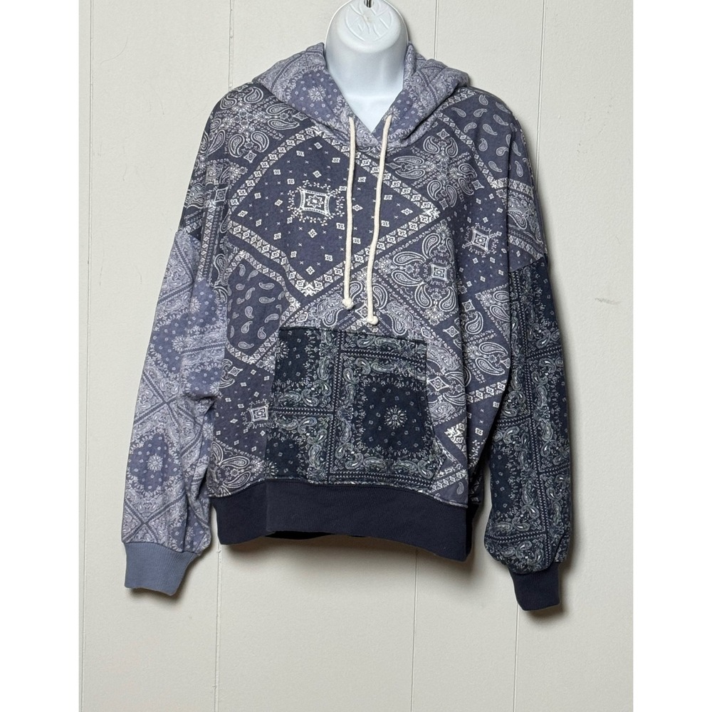 American Eagle Oversized Blue Patchwork Bandana Print Hoodie Sweatshirt Size XS